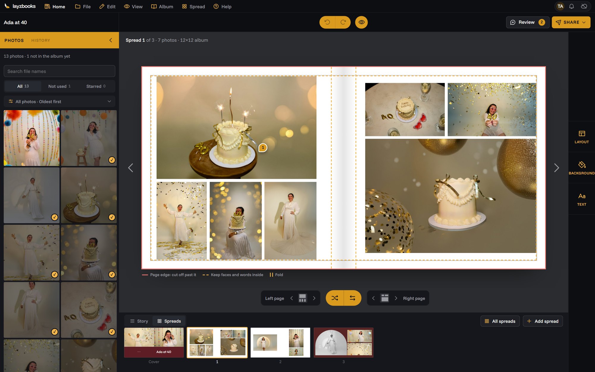 The Layzbooks editor: a birthday album spread with seven photos laid out across two pages, the photo library on the left and every spread of the album along the bottom.