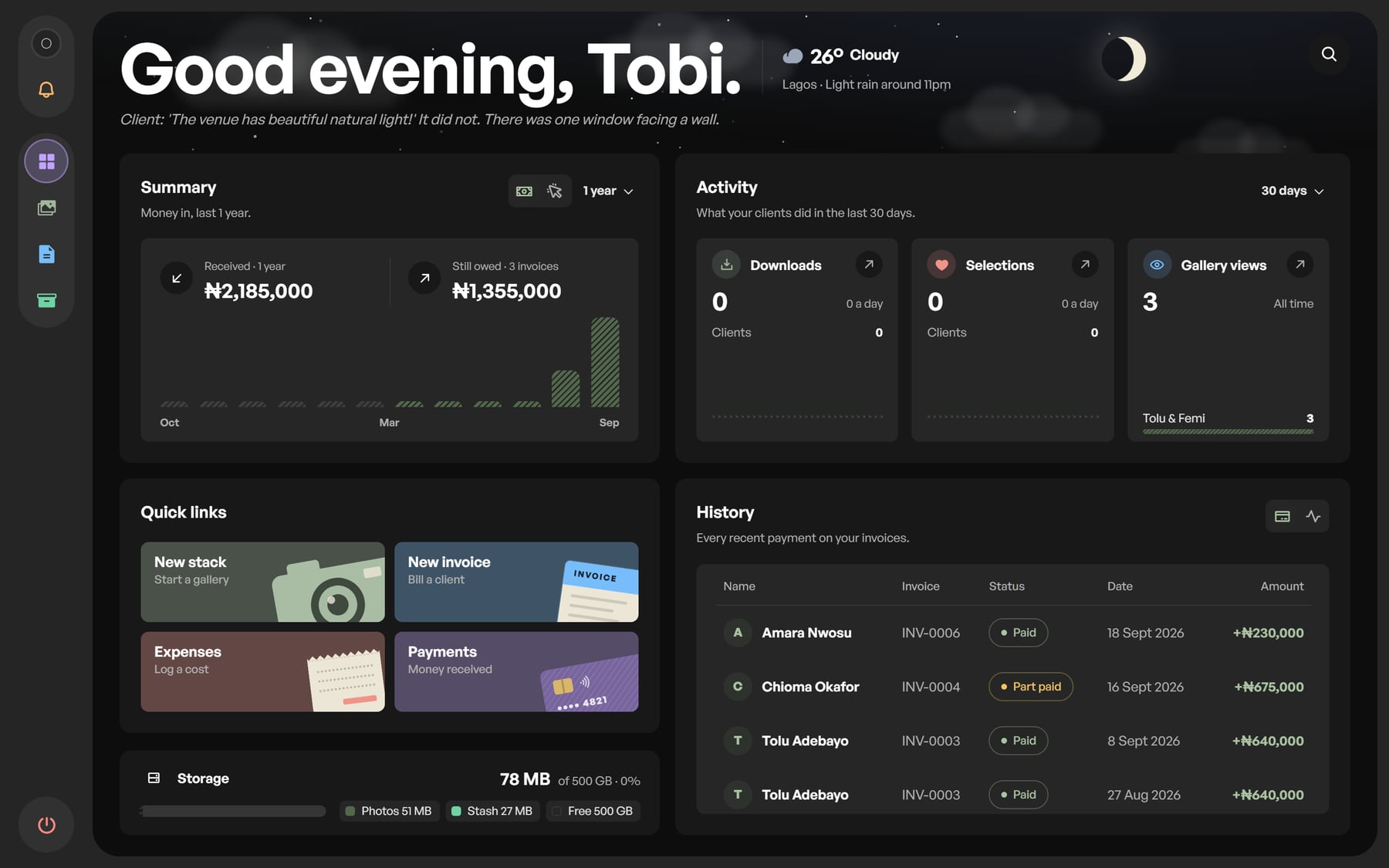 The SnapStaq dashboard: money received and still owed, what clients did in their galleries, quick links to start a gallery or an invoice, and recent invoice payments.